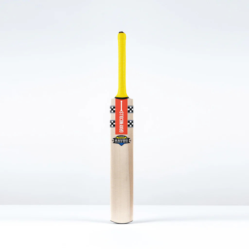 front view of Gray-Nicolls Havoc HB317 Warrior Junior Cricket Bat with yellow grip