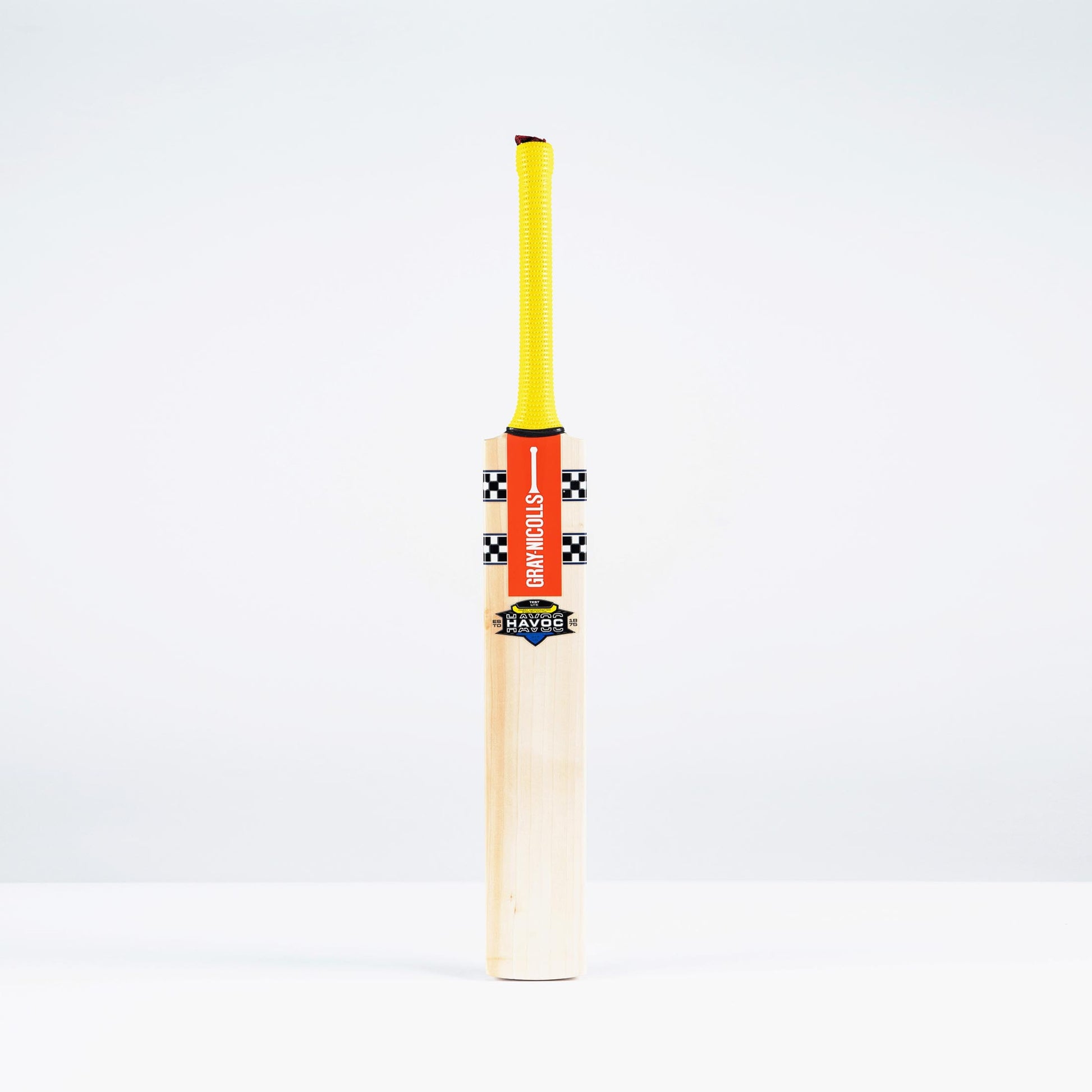 Front view of Gray Nicolls HB317 Test V Lite cricket bat with yellow handle and natural blade