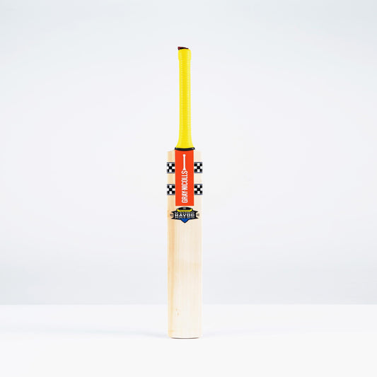 Front view of Gray Nicolls HB317 Test V Lite cricket bat with yellow handle and natural blade