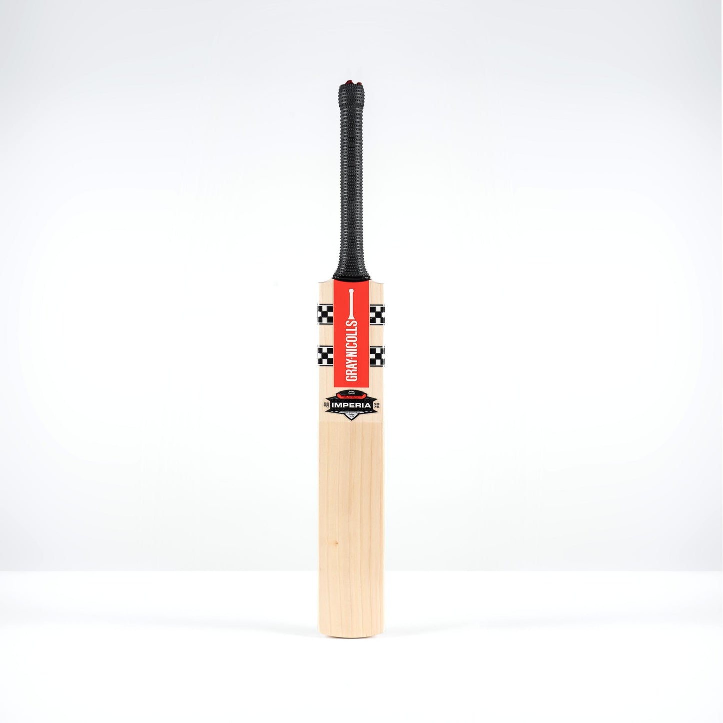 front view of Gray Nicolls Imperia Gen 1.0 600 Giant cricket bat with black grip and red decals
