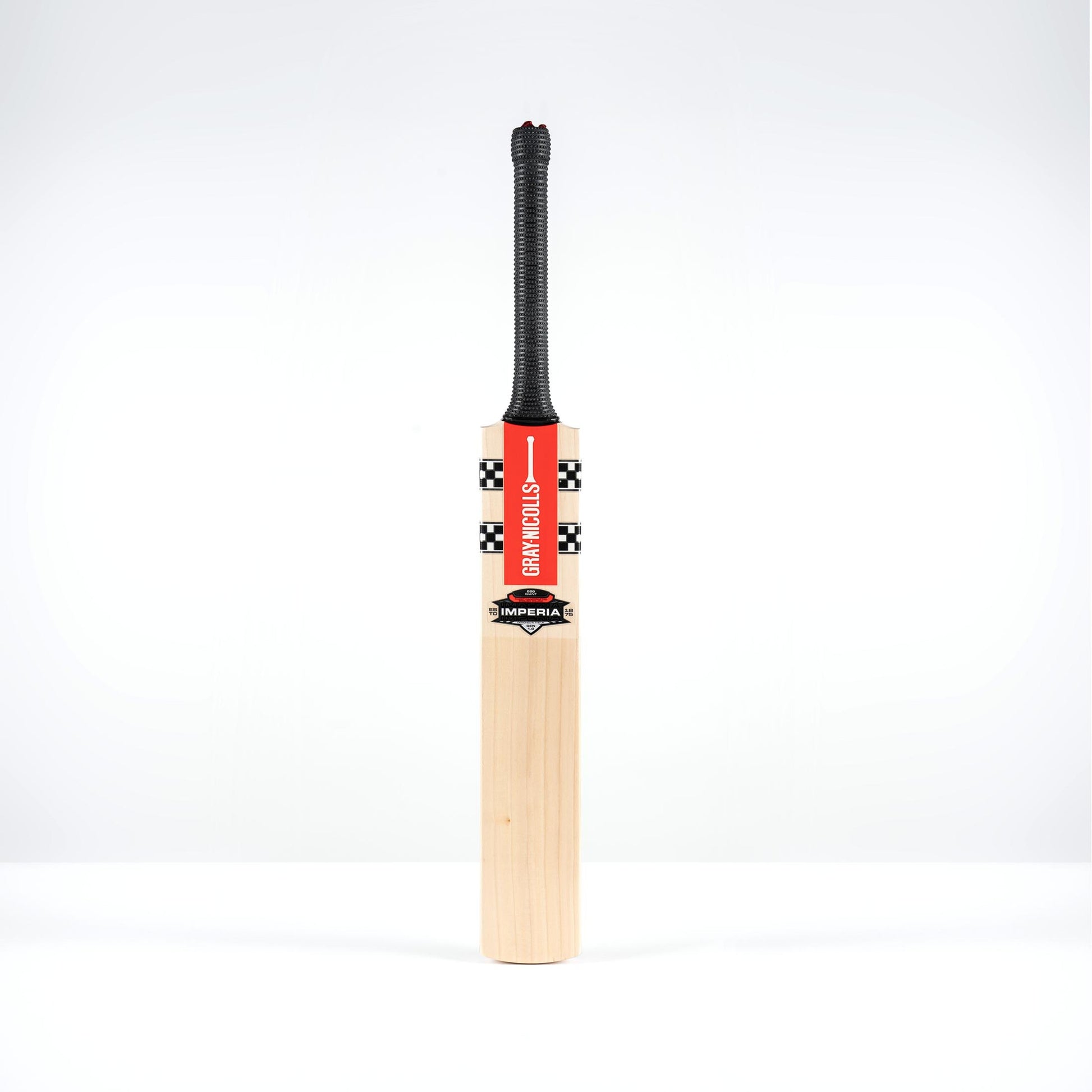 front view of Gray Nicolls Imperia Gen 1.0 600 Giant cricket bat with black grip and red decals