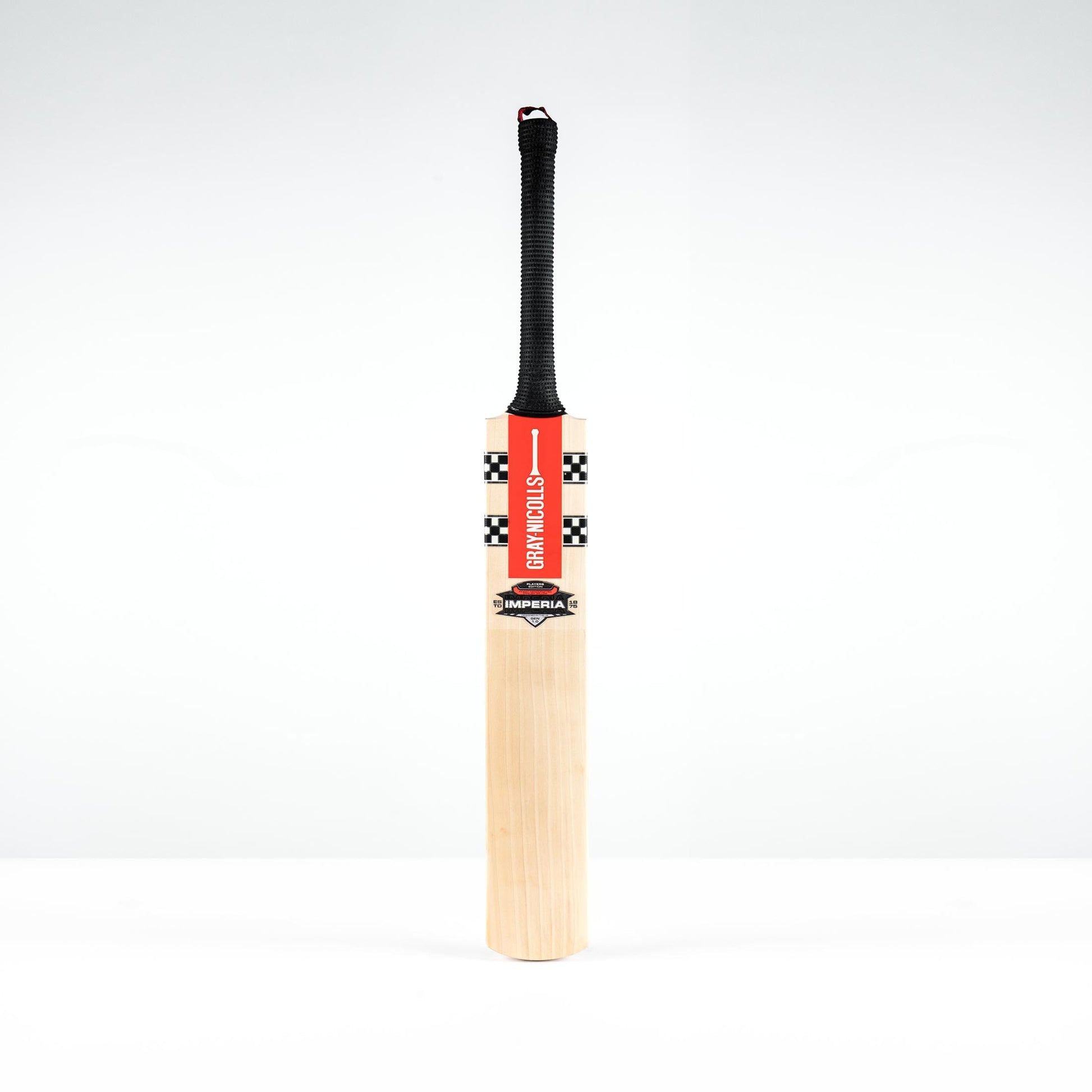 front view of Gray Nicolls Imperia Gen 1.0 Players Edition cricket bat with red decals and black grip
