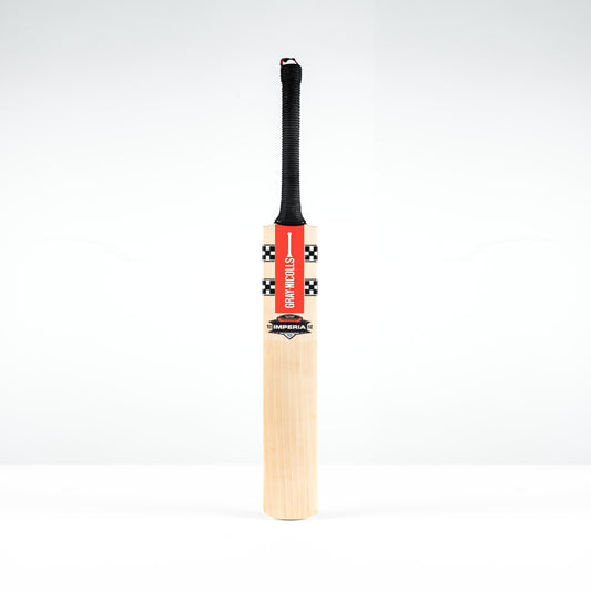front view of Gray Nicolls Imperia Gen 1.0 Players Edition cricket bat with red decals and black grip