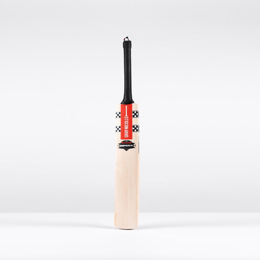 front view of Gray Nicolls Imperia Gen 1.0 Pro cricket bat with red stickers and black grip