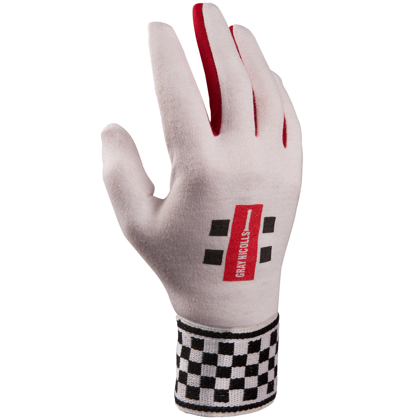 back view of Gray Nicolls padded chamois inner glove showing red GN logo and elasticated check cuff