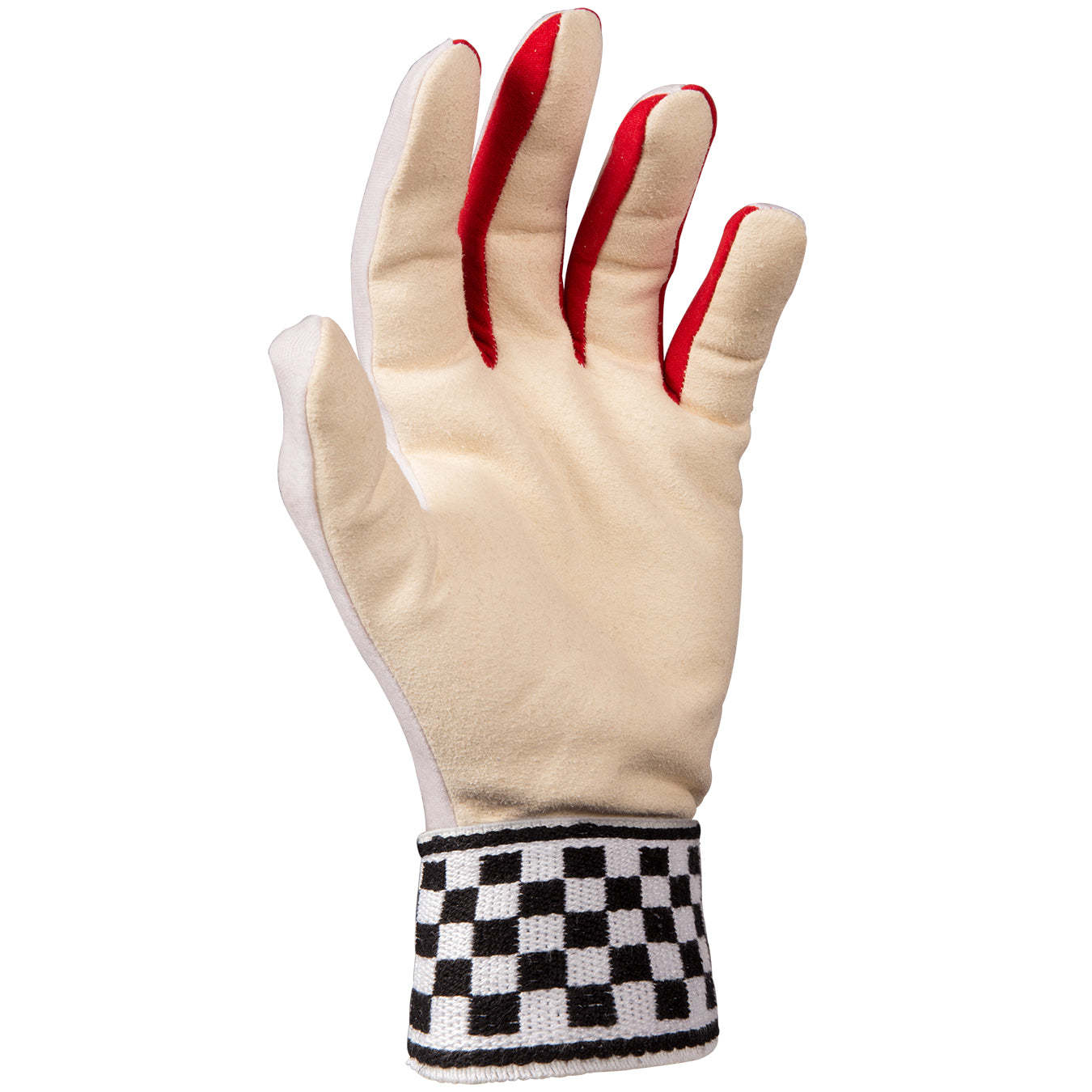 palm view of Gray Nicolls padded chamois wicket keeping inner glove with red finger lining and checkered wristband