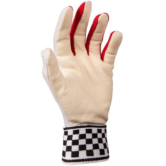 palm view of Gray Nicolls padded chamois wicket keeping inner glove with red finger lining and checkered wristband