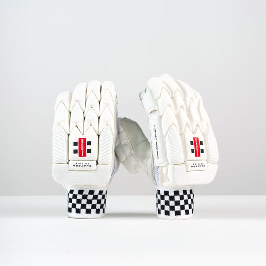 front view of Gray-Nicolls Classic Player Edition Batting Gloves with red logo and checkered wristband