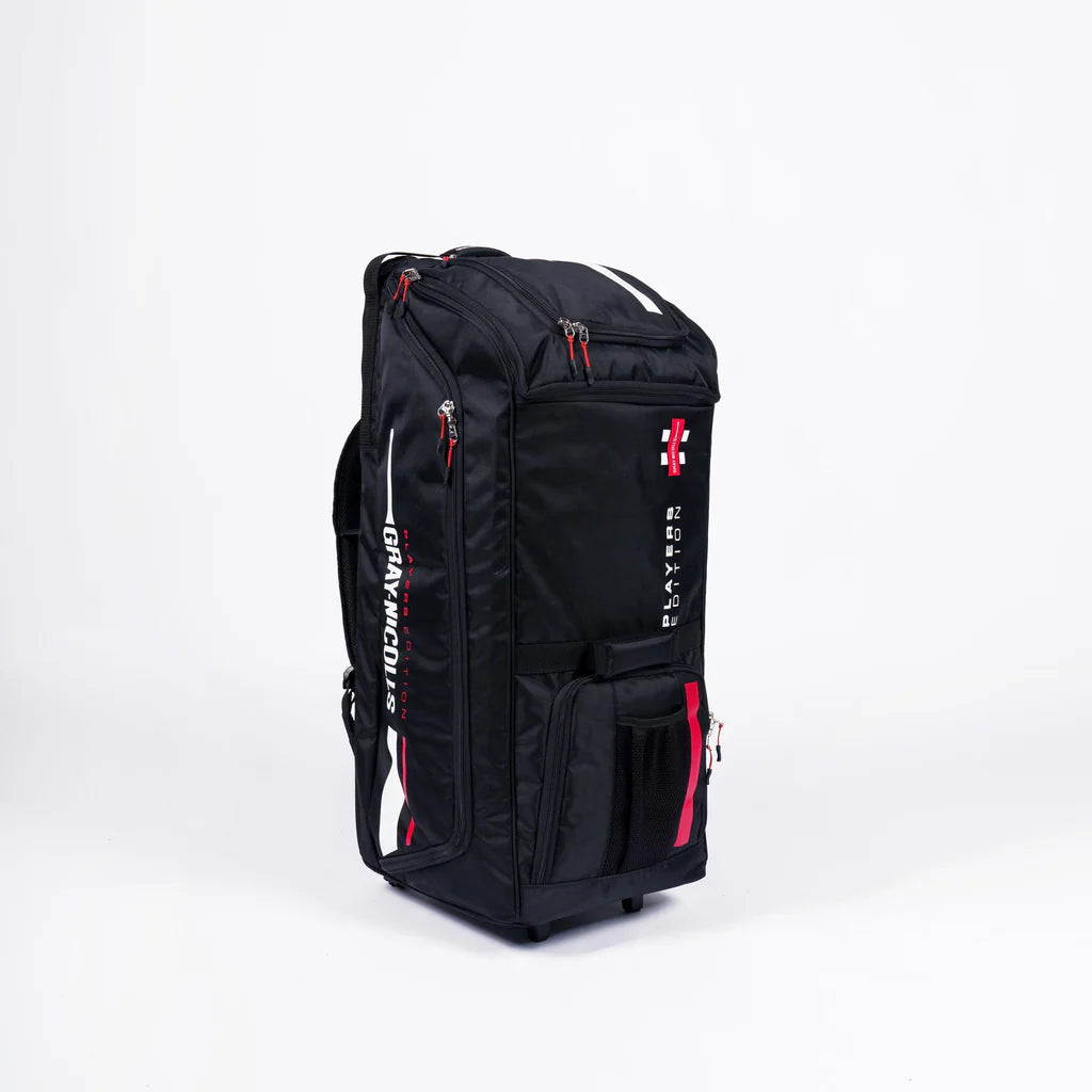 Gray Nicolls Players Edition black wheelie duffle cricket bag front view