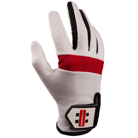 Gray-Nicolls Players full inner glove front view with red band, white cotton body, and soft finger padding