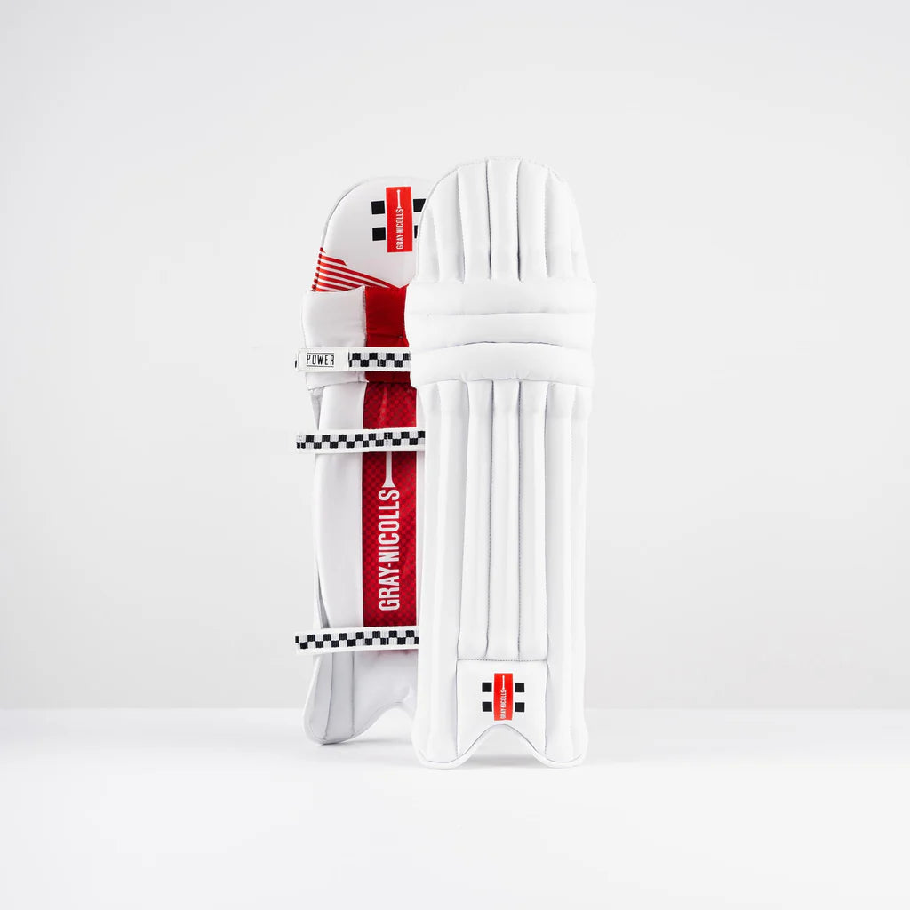 front and back view of Gray-Nicolls Power X Junior Batting Pads in white and red