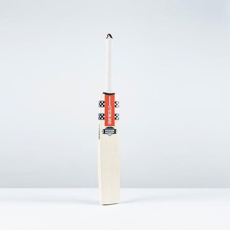 Angled front view of Gray-Nicolls PowerScoop Pro cricket bat highlighting profile and branding.