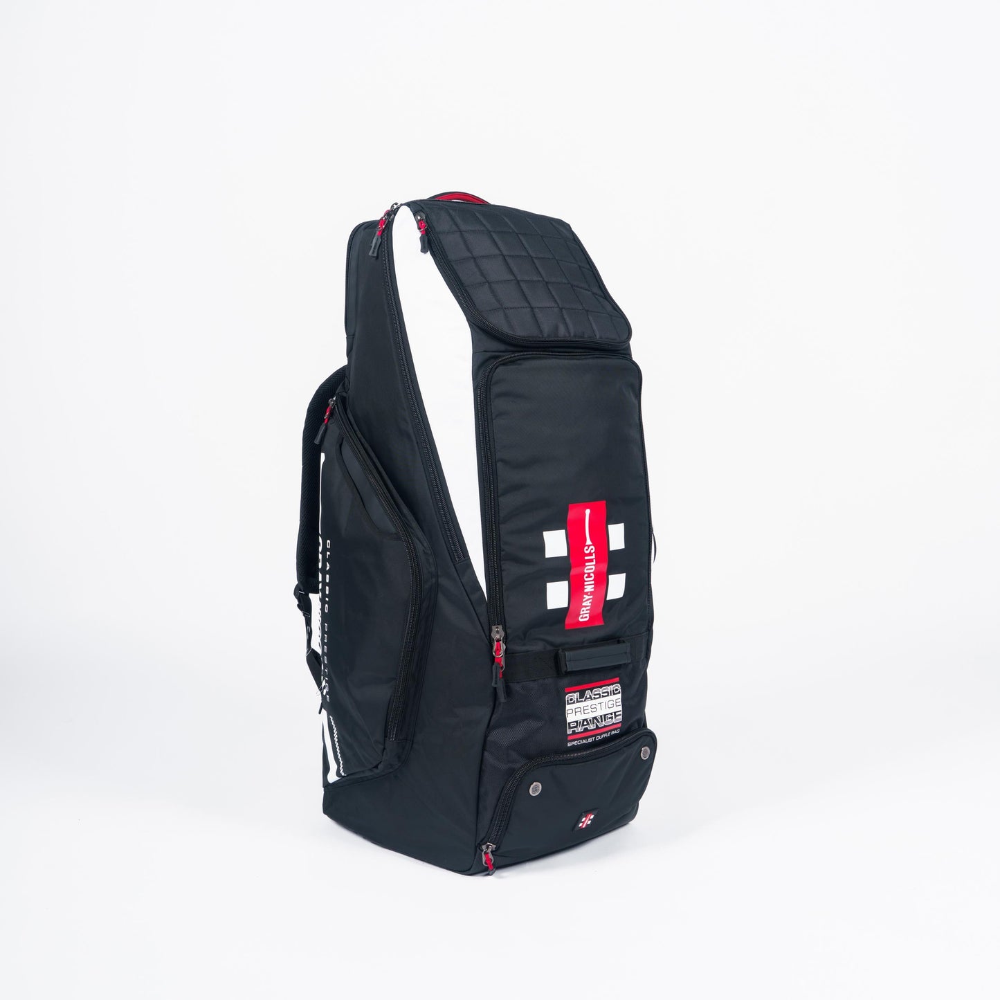 Front view of Gray-Nicolls Prestige cricket duffle bag in black with red and white branding