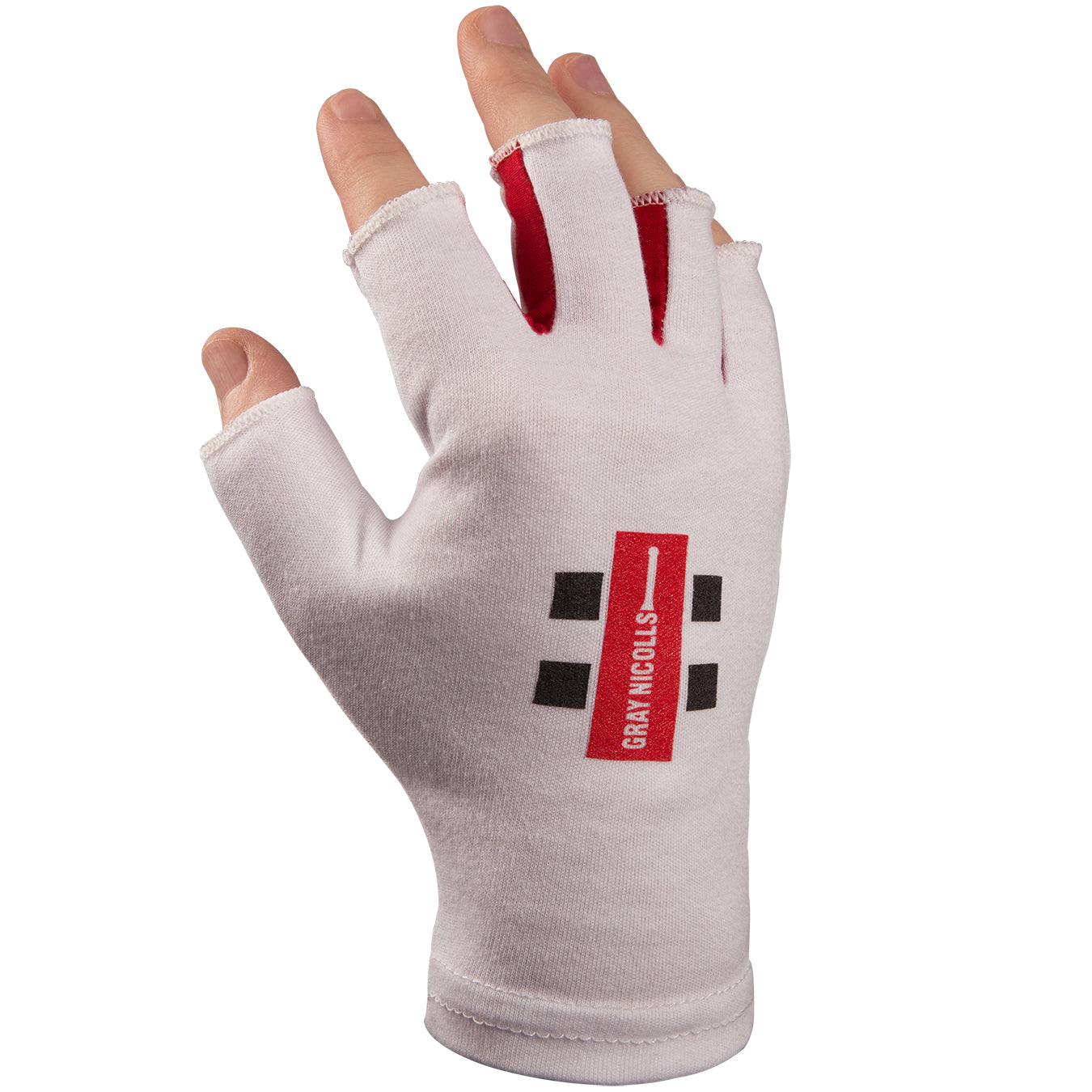 front view of Gray-Nicolls Pro Fingerless Batting Inners in white with red accents