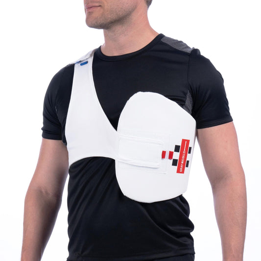 Gray-Nicolls Pro Performance upper body guard worn on front, showing chest and shoulder protection with strap support