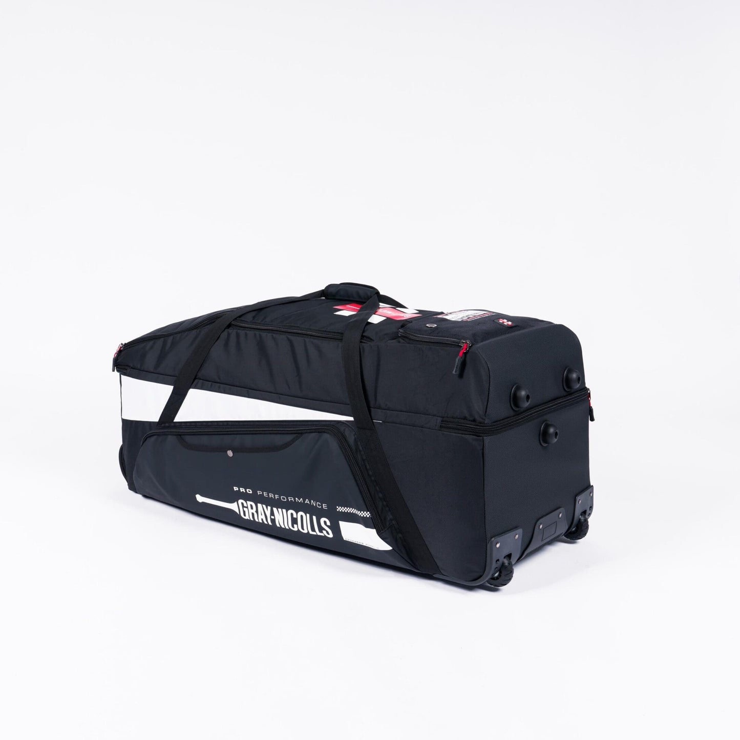 Angled view of Gray-Nicolls Pro Performance Wheelie Bag with wheelbase and branding
