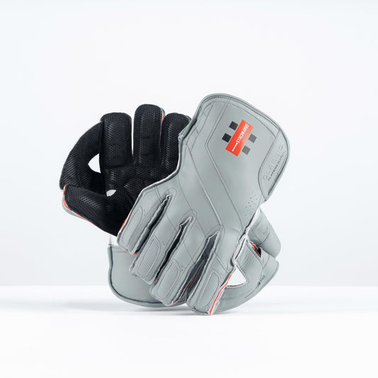front view of Gray-Nicolls Pro Performance Wicket Keeping Gloves in grey with red logo