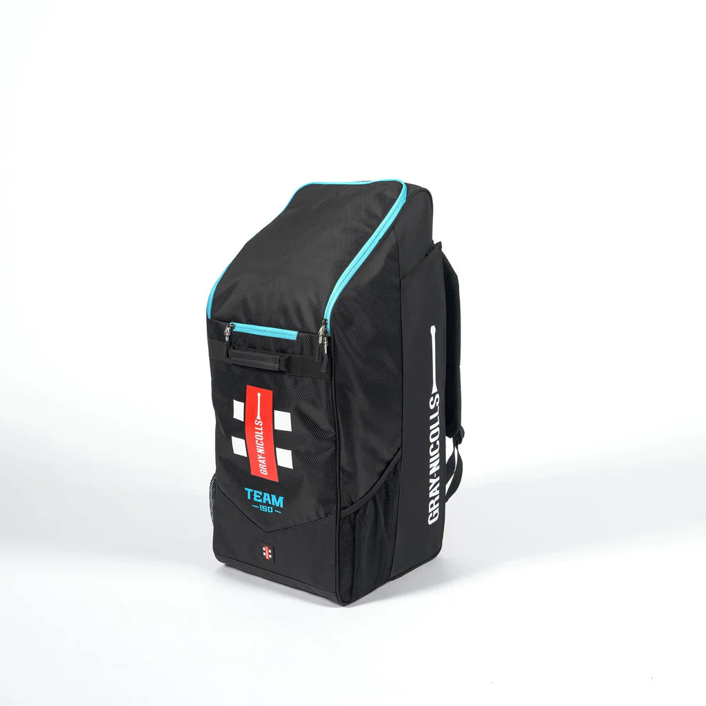 Gray Nicolls Team 150 cricket duffle bag in black and aqua front view