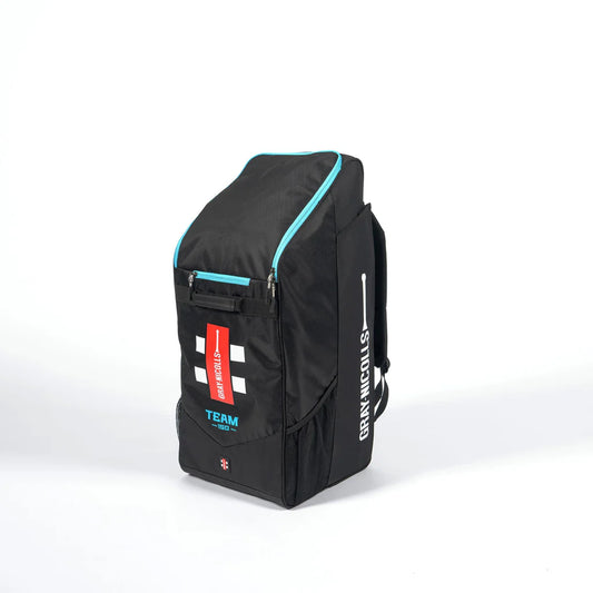 Gray Nicolls Team 150 cricket duffle bag in black and aqua front view