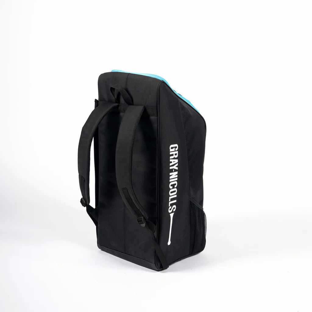 Gray Nicolls Team 150 cricket duffle bag in black and aqua side profile