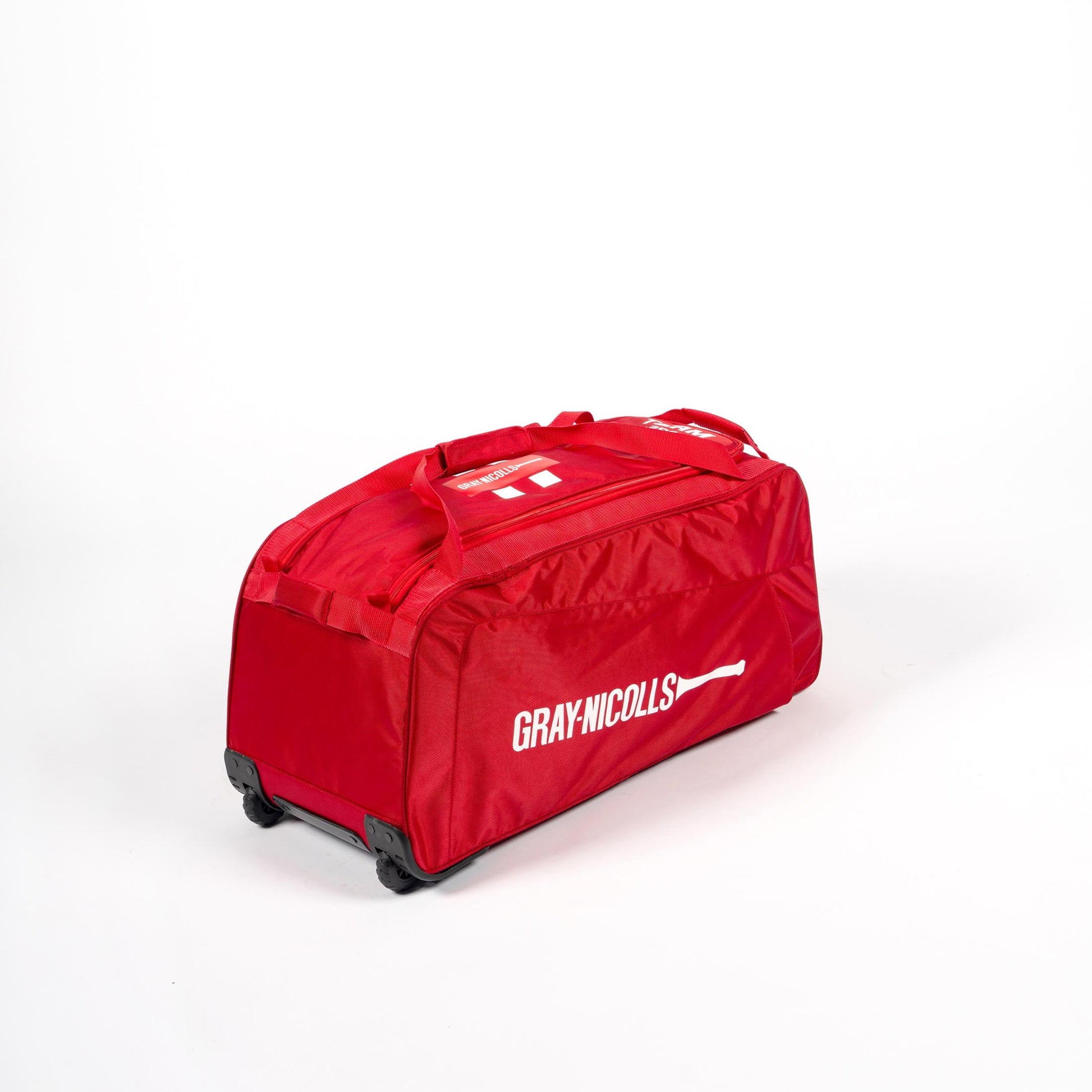 Side view of Gray-Nicolls Team 250 red wheelie cricket bag with wheels