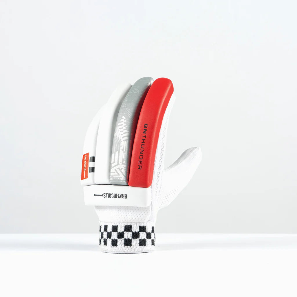 angled view of left-hand Thunder Junior Batting Glove showing colored finger design
