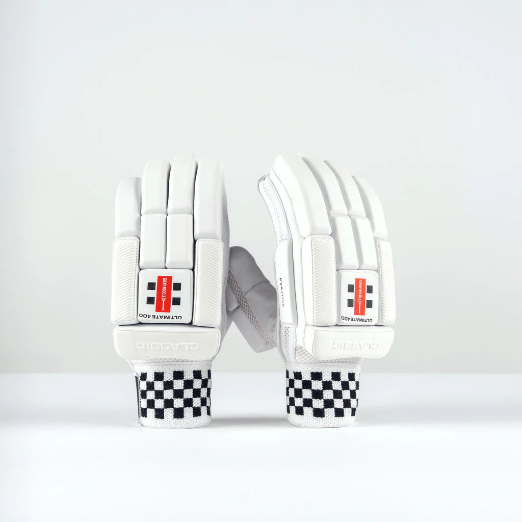 front view of Gray-Nicolls Classic Ultimate 400 Junior Batting Gloves with checkered wristbands