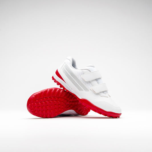 White and red junior cricket shoes shown from a front angle