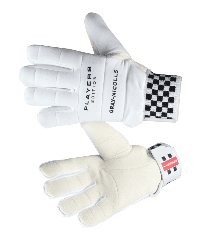 Gray-Nicolls Players Edition XDX Wicket Keeping Inners showing palm and backhand with soft cotton construction and checkered cuff design