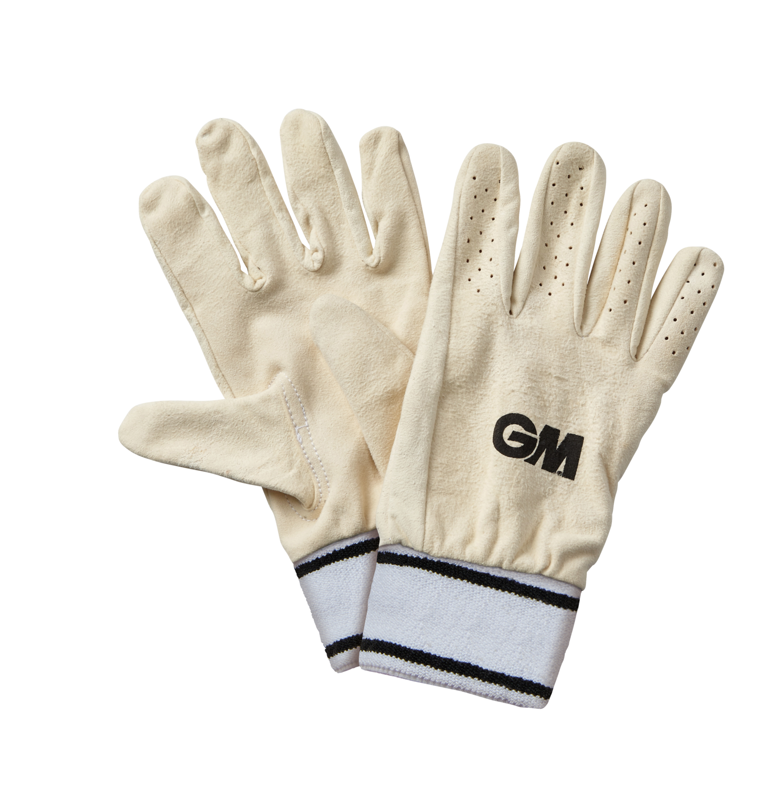 front and back view of GM full chamois leather inner gloves with perforated fingers and velcro wrist