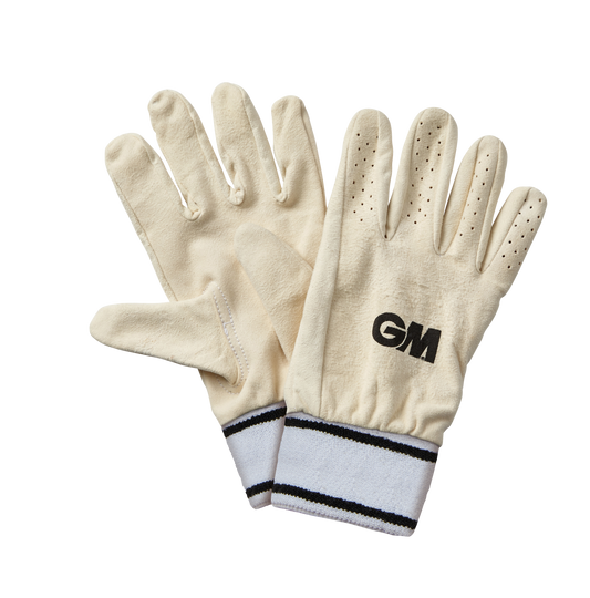 front and back view of GM full chamois leather inner gloves with perforated fingers and velcro wrist