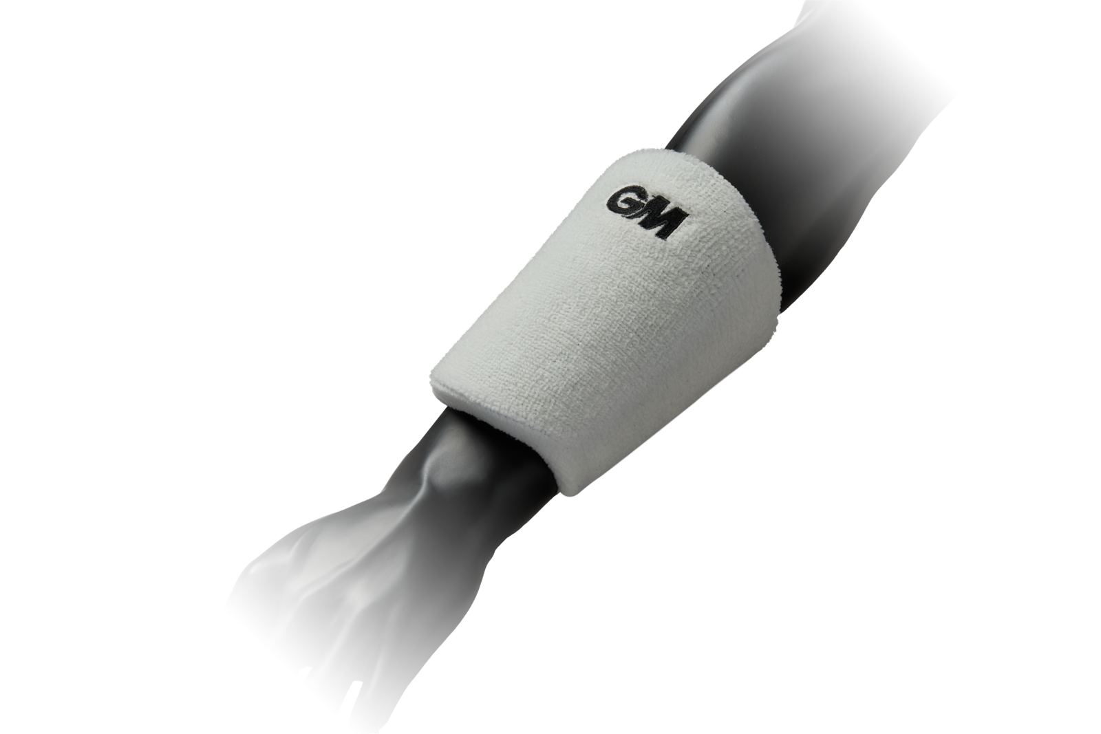 GM wrist guard top down view on arm in white with black GM branding