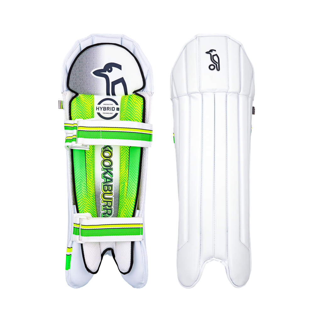 Front view of Kookaburra 1.0 wicket keeping pads showing ultra-slim ergonomic profile.