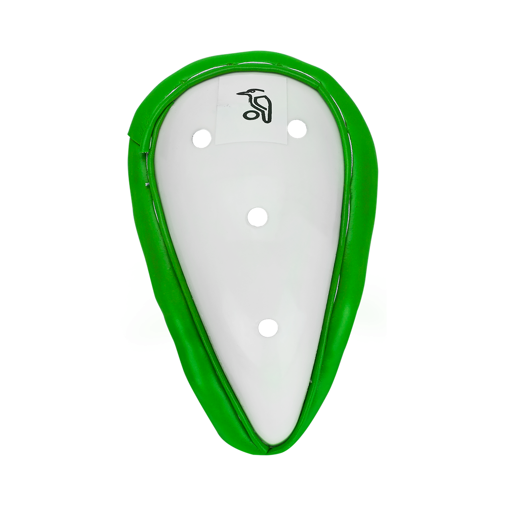 Front view of the Kookaburra 1000 abdo guard showing contoured shape and protective shell.