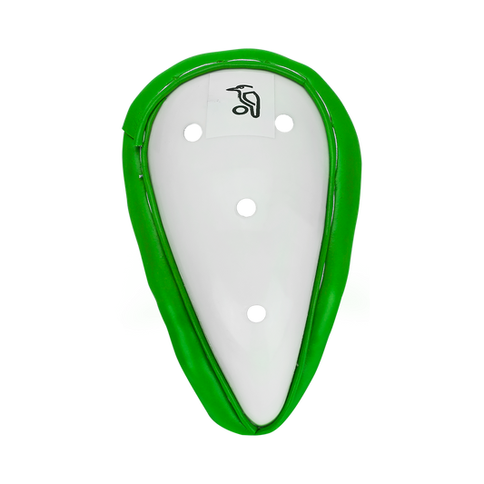 Front view of the Kookaburra 1000 abdo guard showing contoured shape and protective shell.