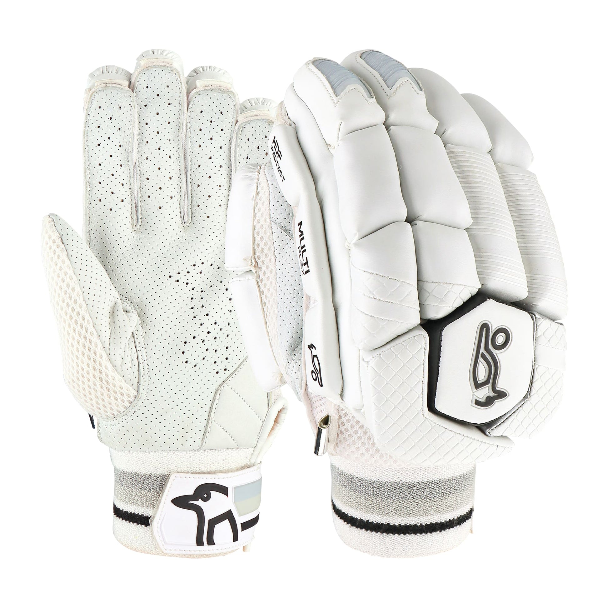 Angled view of Kookaburra 2.1 cricket batting gloves showing overall fit and protection.