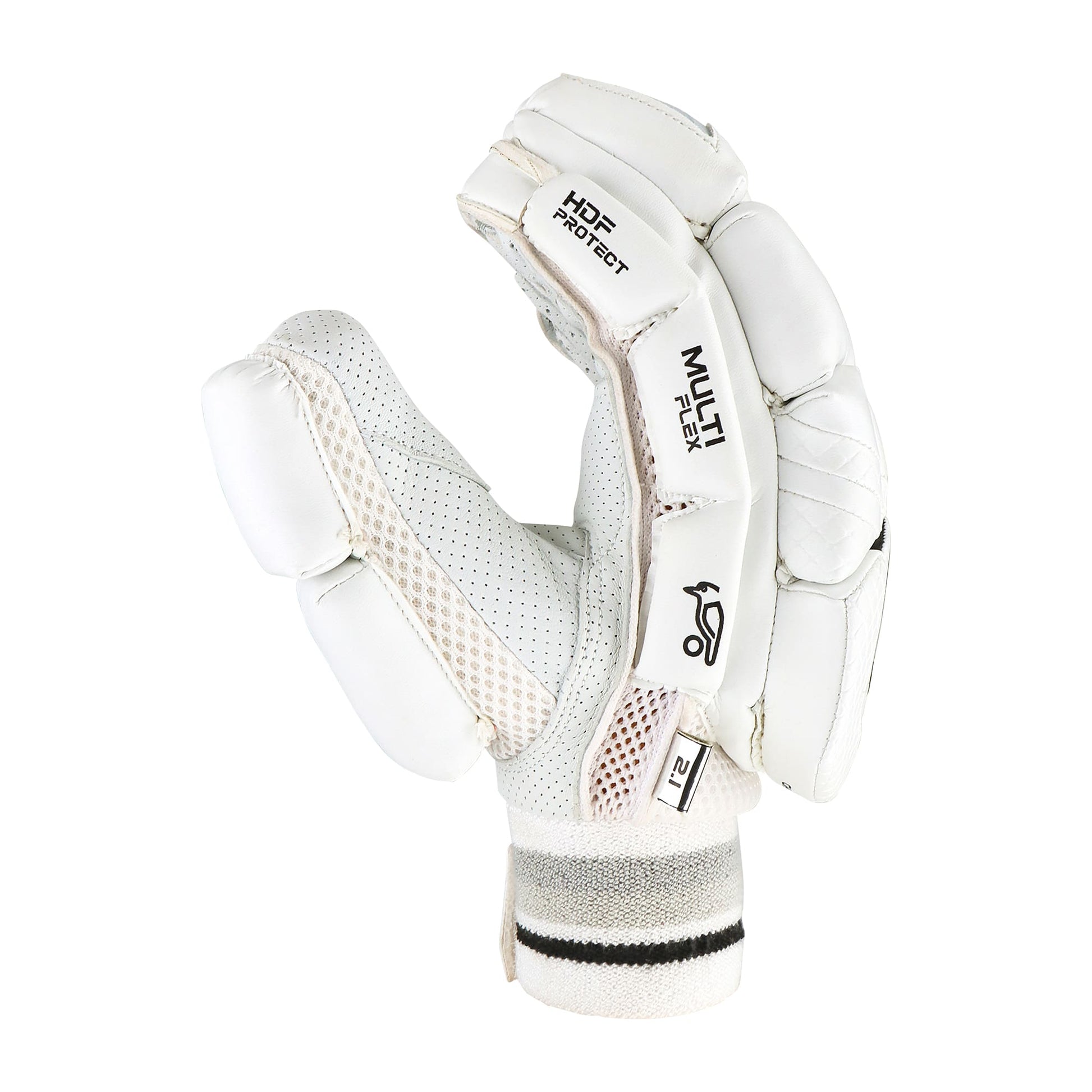 Back view of a Kookaburra 2.1 cricket batting glove showing ventilation holes and branding.