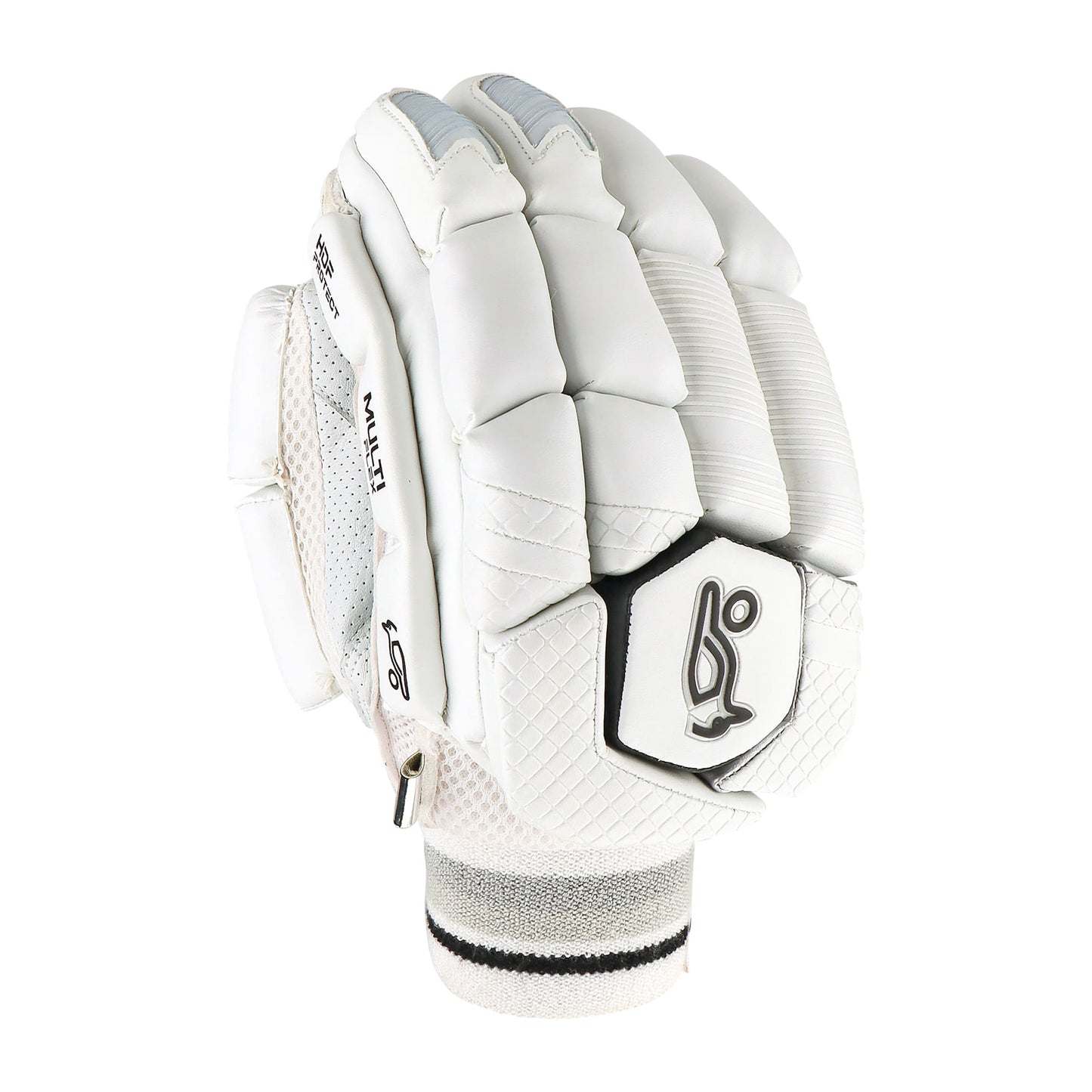 Front view of a single Kookaburra 2.1 cricket batting glove with segmented padding.