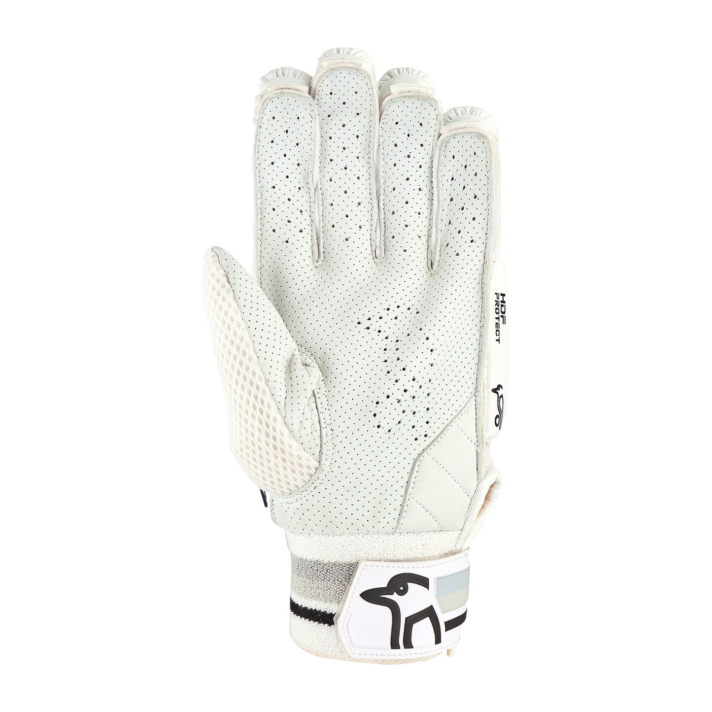 Palm view of a Kookaburra 2.1 cricket batting glove highlighting grip and comfort areas.