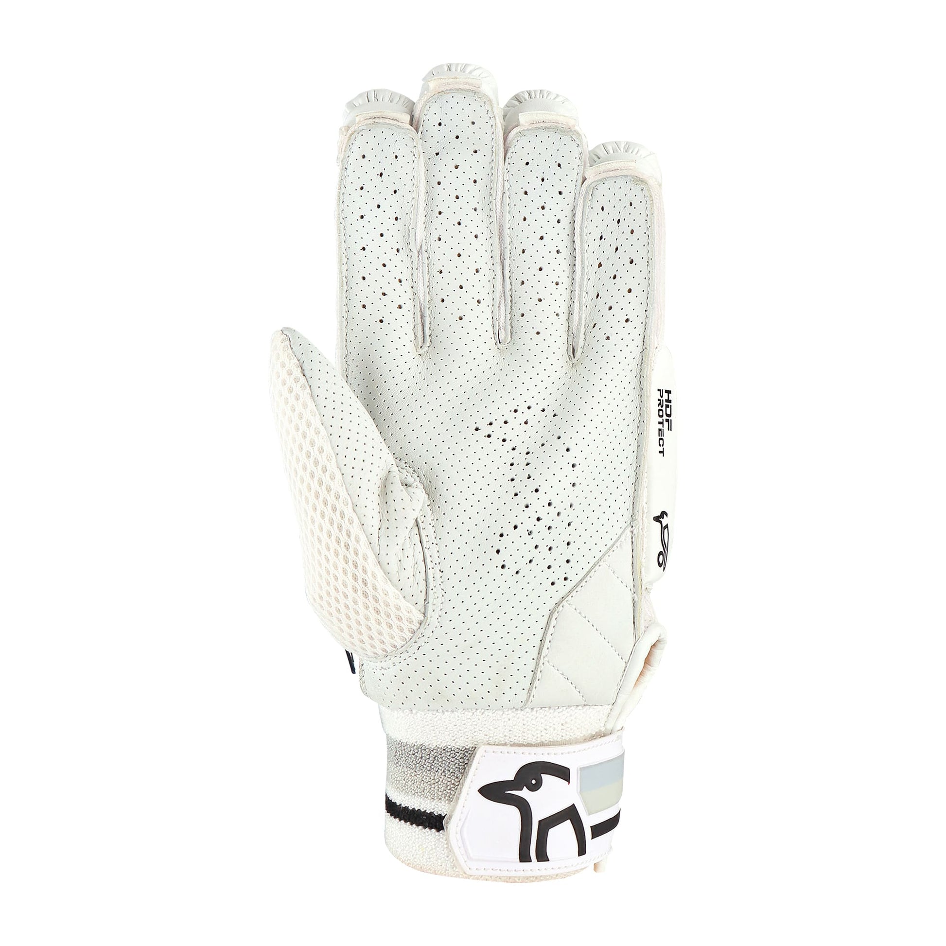 Palm view of a Kookaburra 2.1 cricket batting glove highlighting grip and comfort areas.