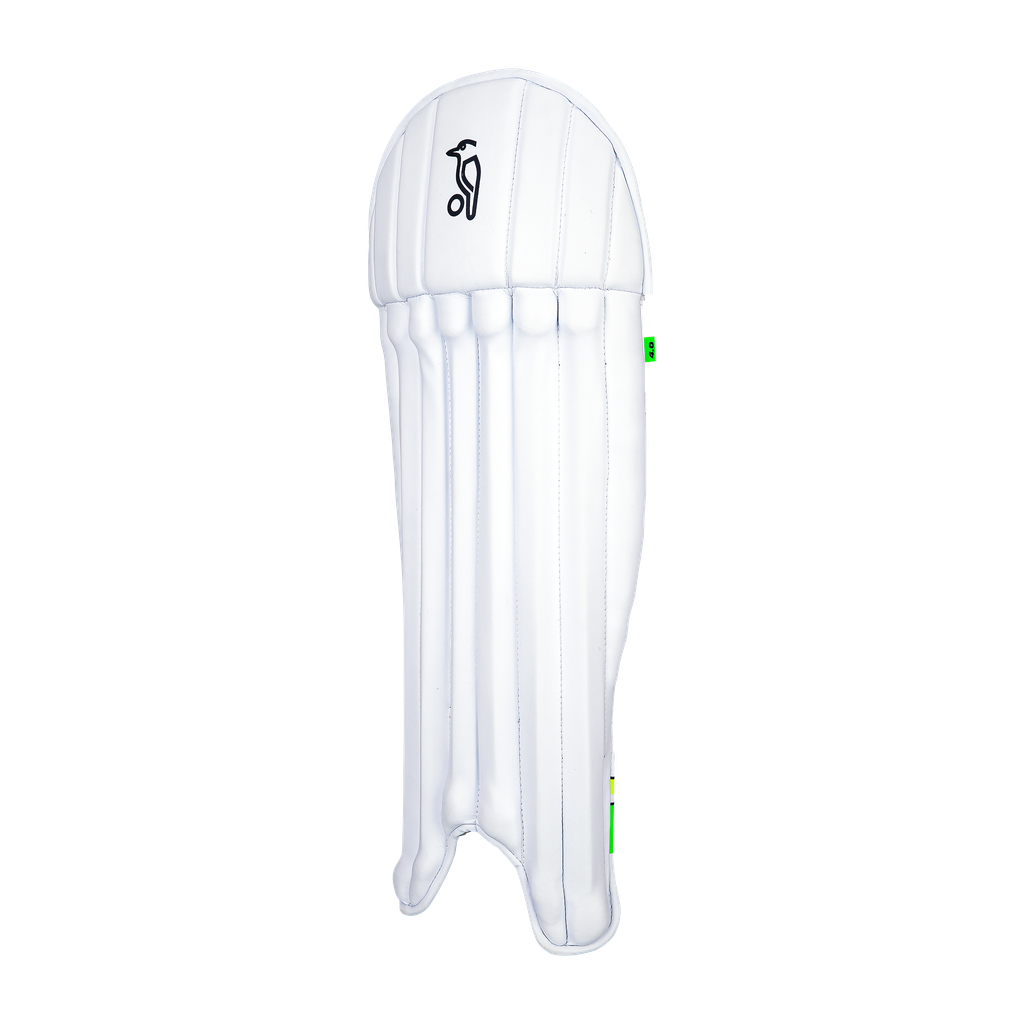 Front view of a single Kookaburra 4.0 wicket keeping pad highlighting pre-curved shape.