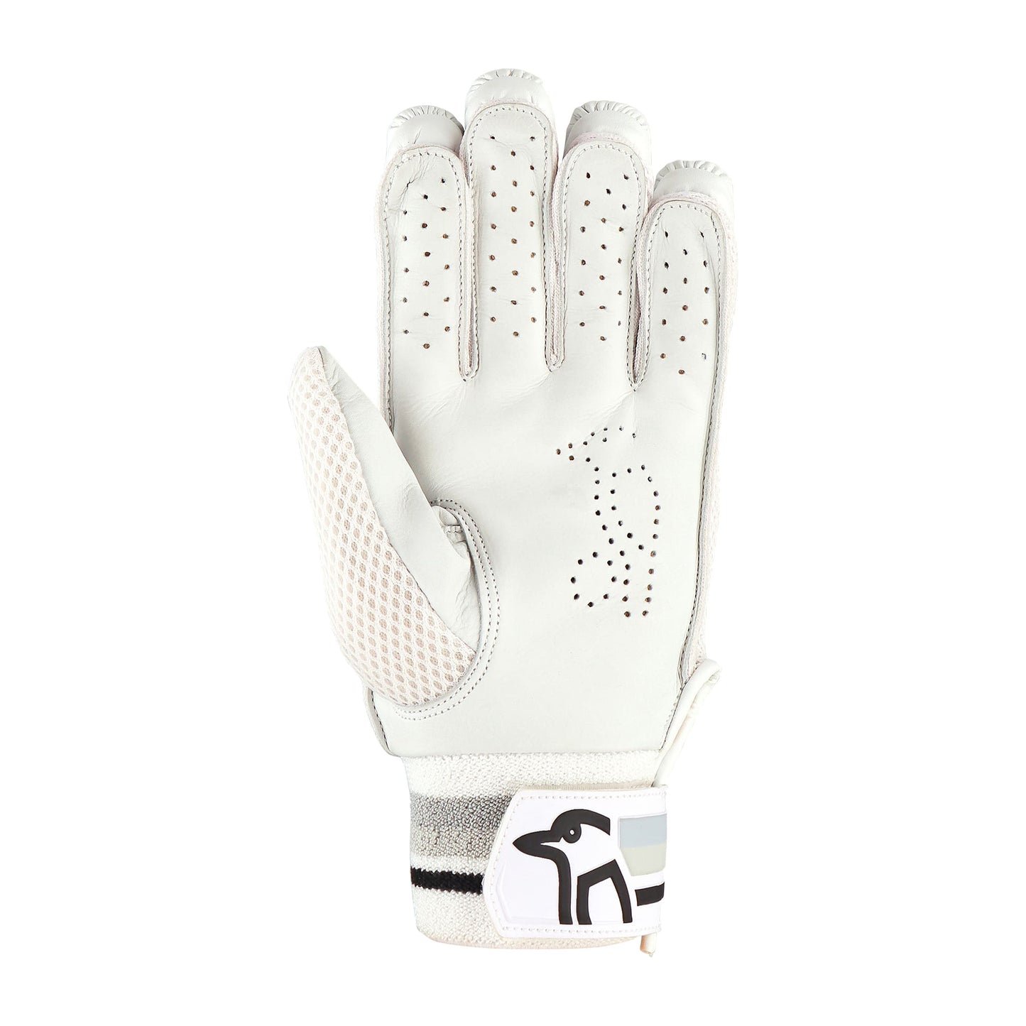Palm view of a Kookaburra 4.1 cricket batting glove highlighting grip and comfort zones.