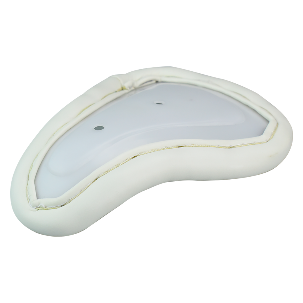 Front view of the Kookaburra 500 female abdo guard showing contoured shape and padded edging.