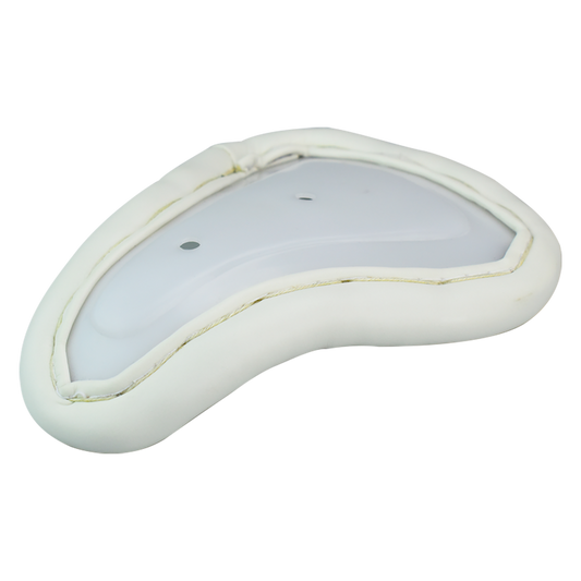 Front view of the Kookaburra 500 female abdo guard showing contoured shape and padded edging.
