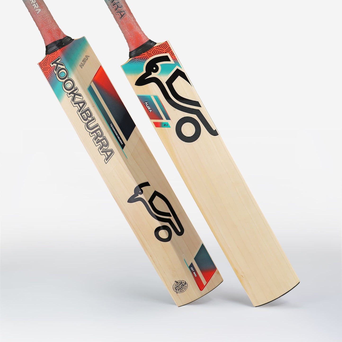 Kookaburra Aura 2.1 cricket bat showing front and back view with modern design and bold graphics