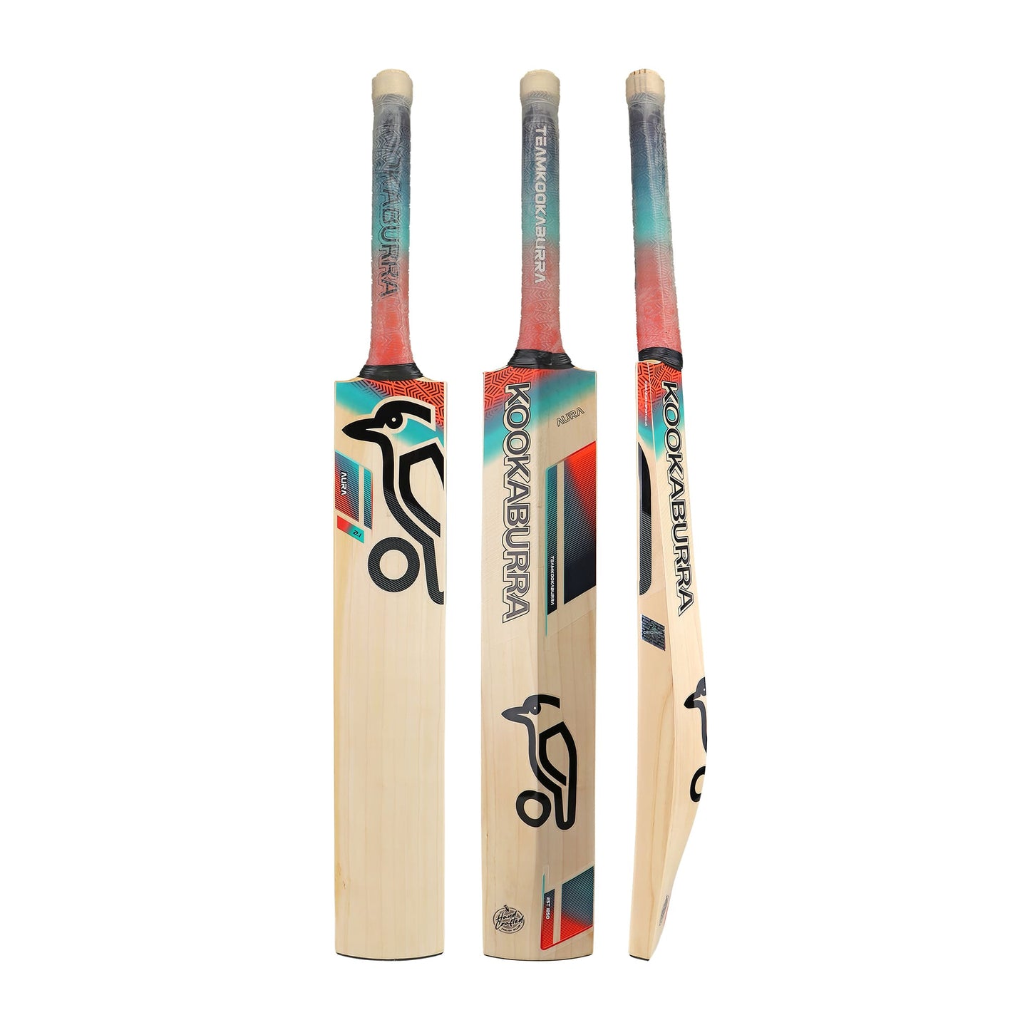 Three Kookaburra Aura 2.1 cricket bats displayed upright from multiple angles showcasing full face and branding