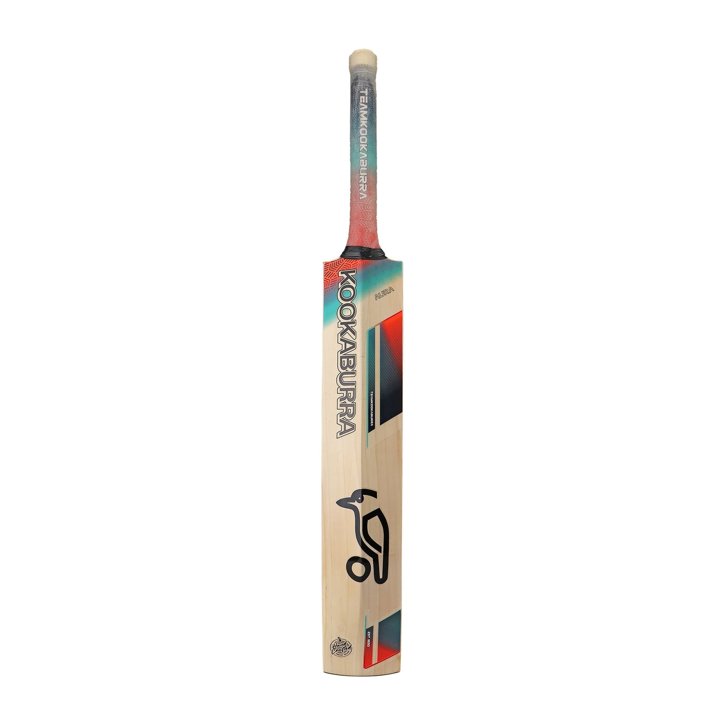 ookaburra Aura 2.1 cricket bat upright back view showing bold rear branding and spine design