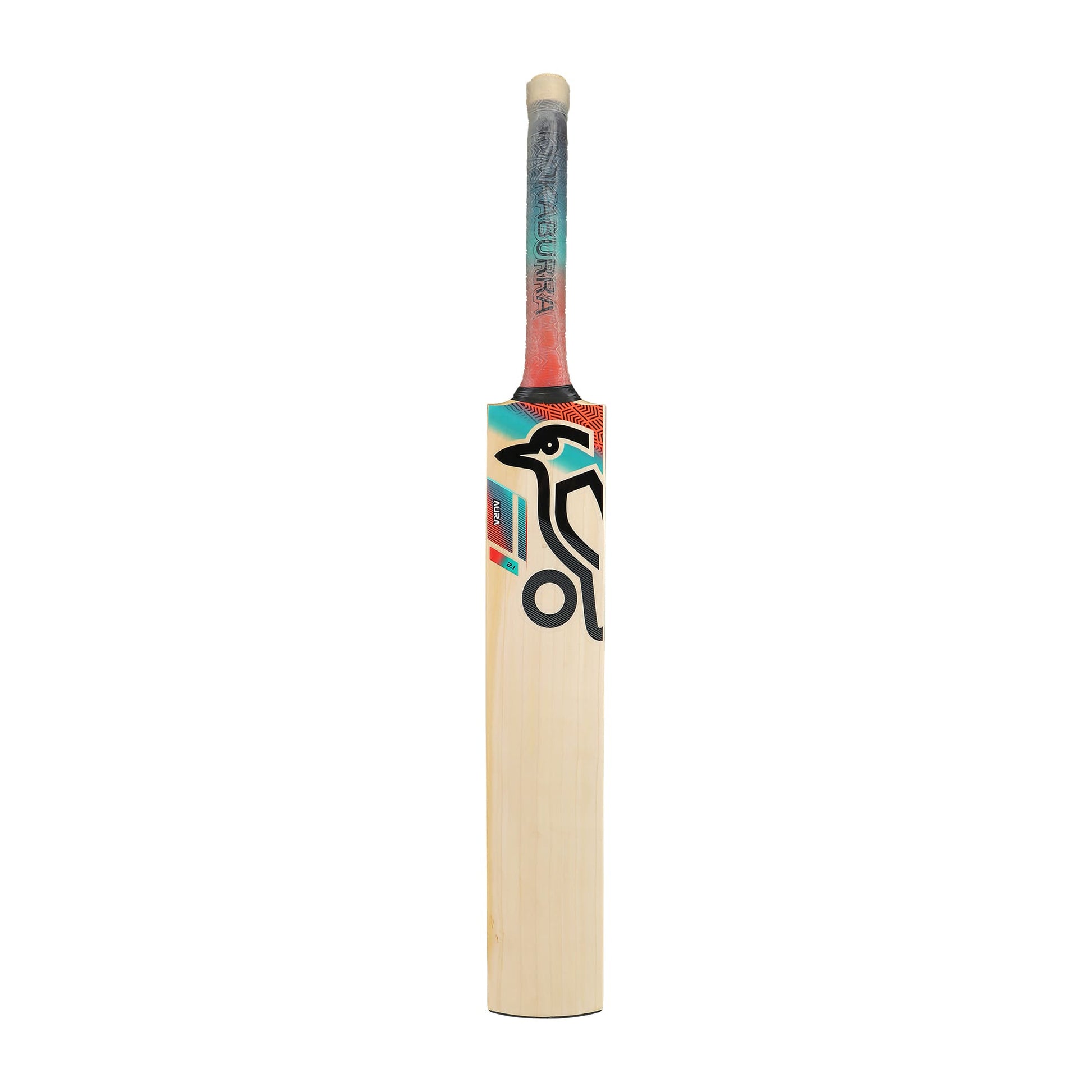 Kookaburra Aura 2.1 cricket bat upright front view featuring stylish graphics and clean blade