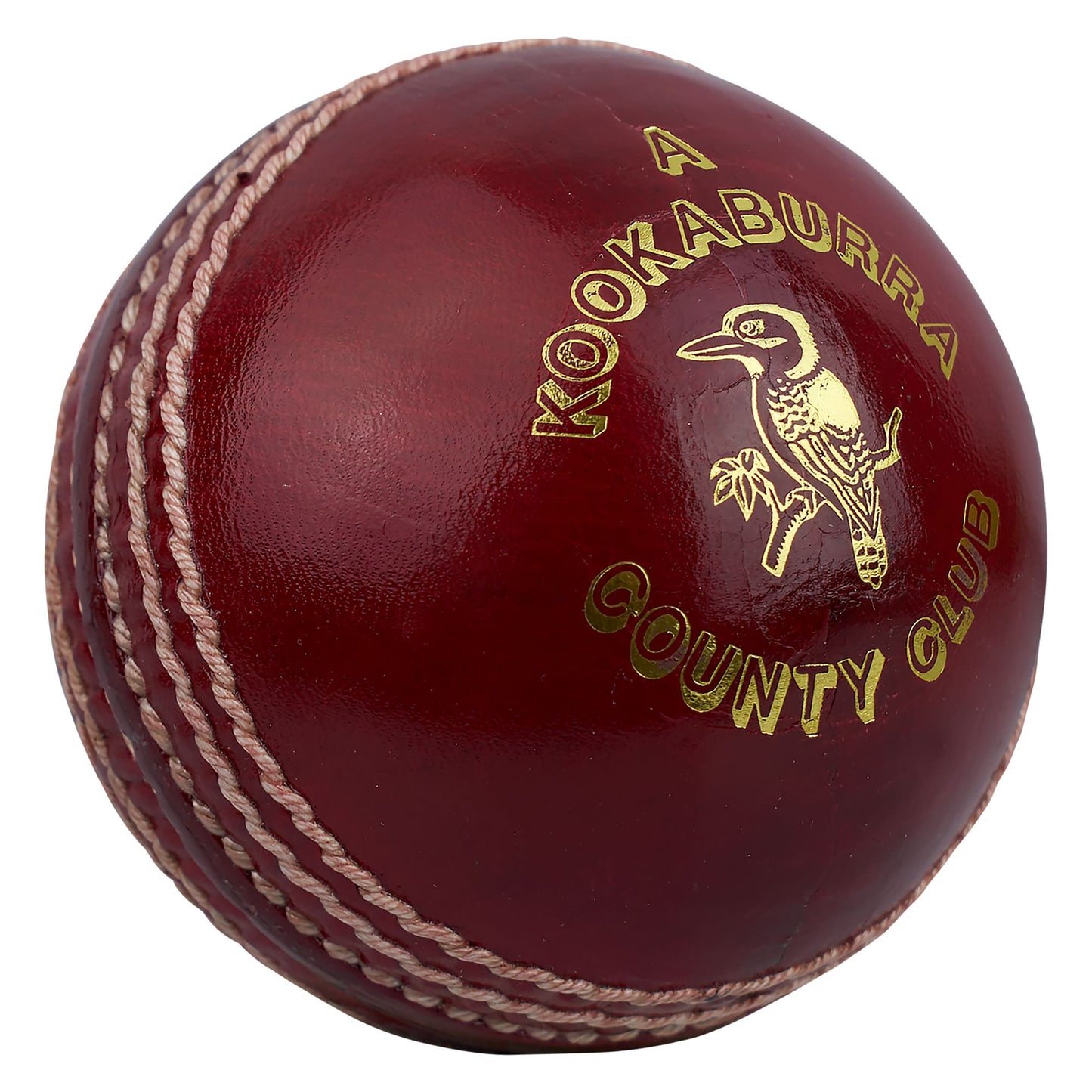 Close-up of Kookaburra County Club cricket ball with premium gold foil branding and high-quality leather finish