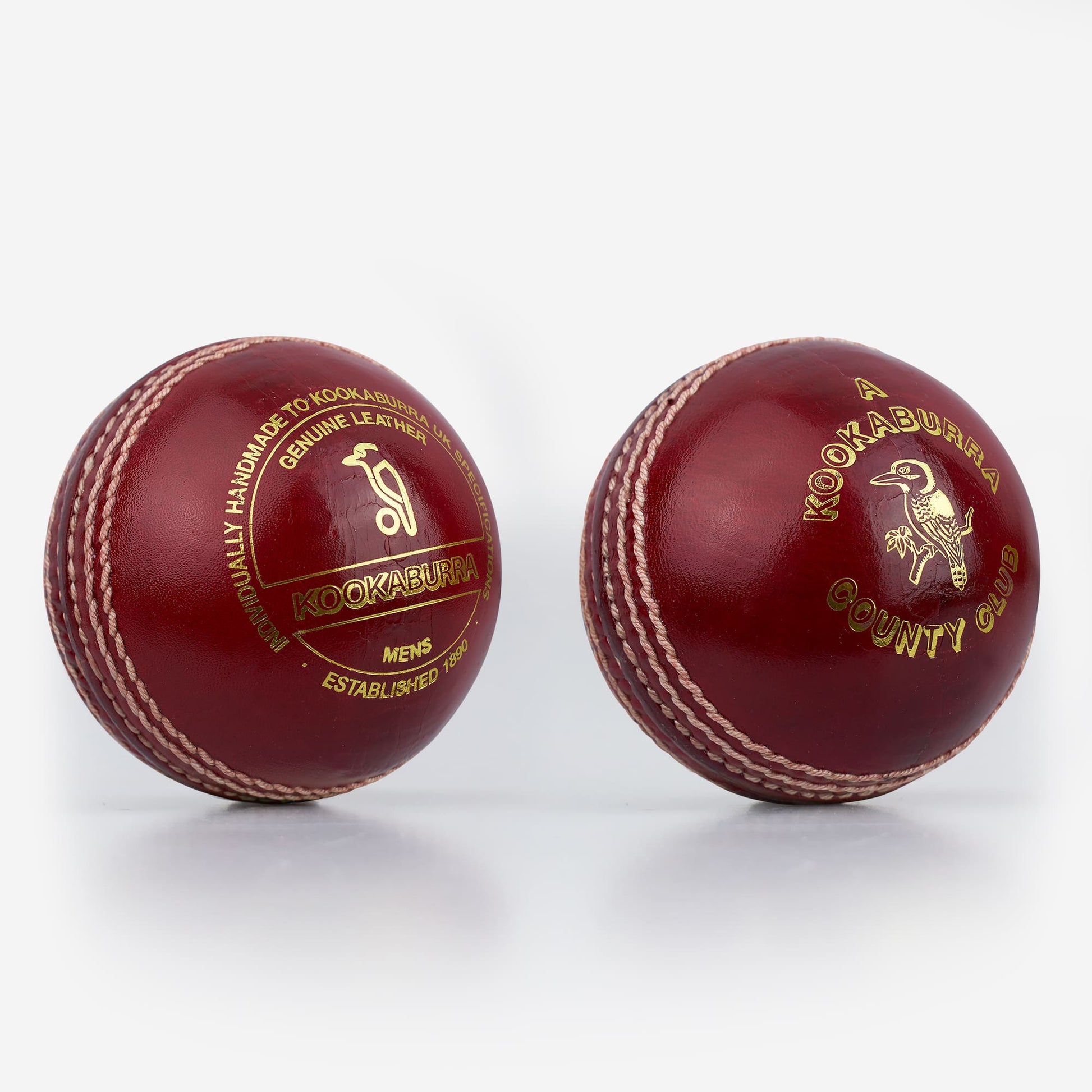 Kookaburra County Club red leather cricket balls showing front and back views with gold embossed branding